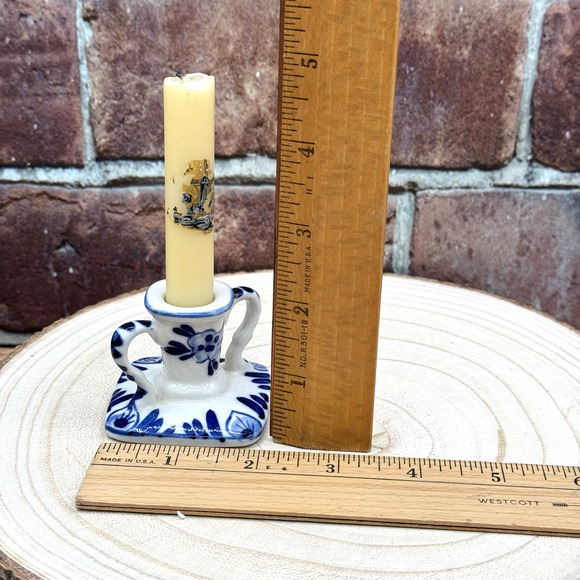 Vtg Mini Handpainted Delft Blue Ceramic Taper Candlestick Holder DBL Crown Mark - Picture 3 of 7